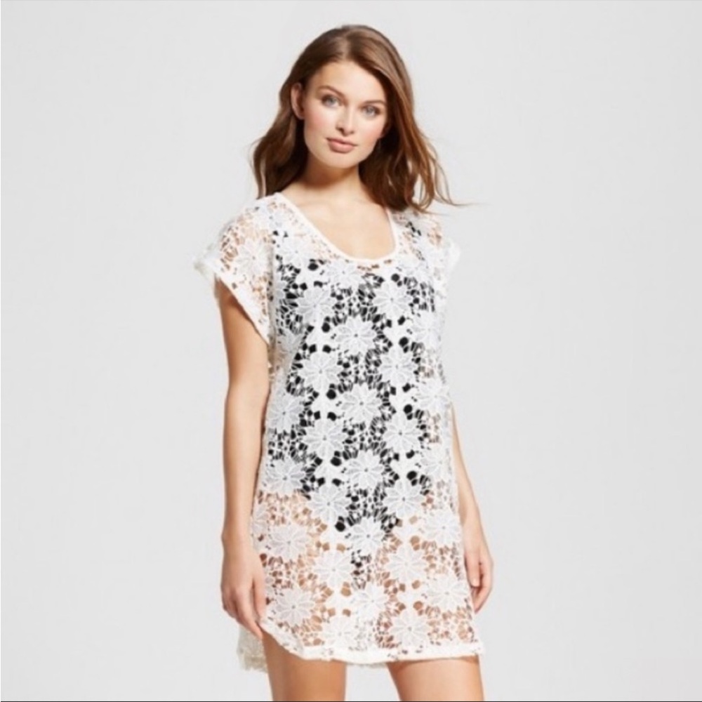 Xhilaration White Crochet Floral Tassel Swimsuit Coverup, size S